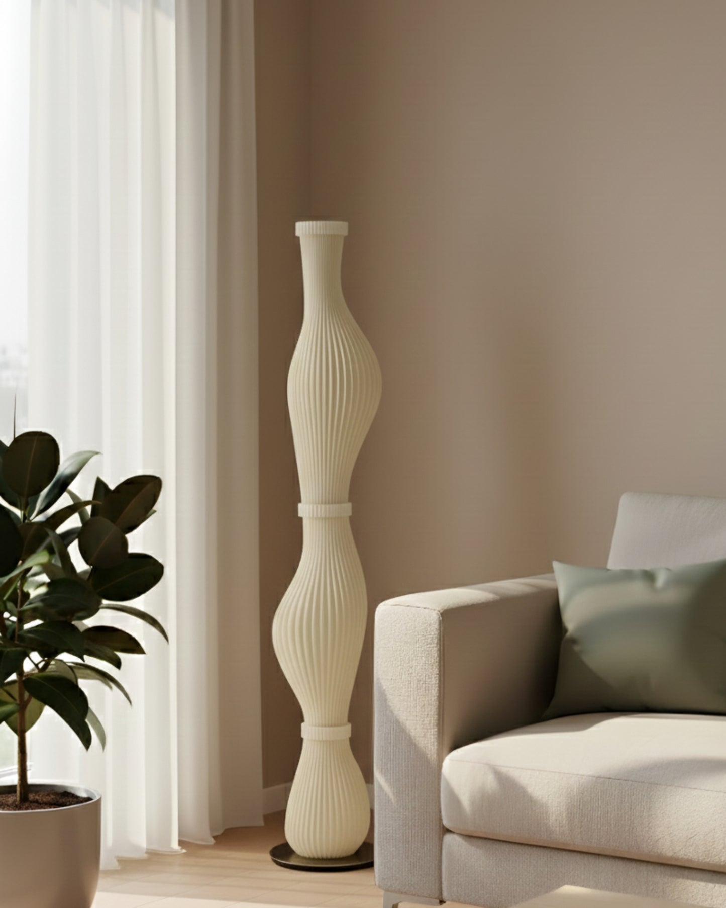 Tall sculpted floor lamp with ribbed curves and a soft warm glow