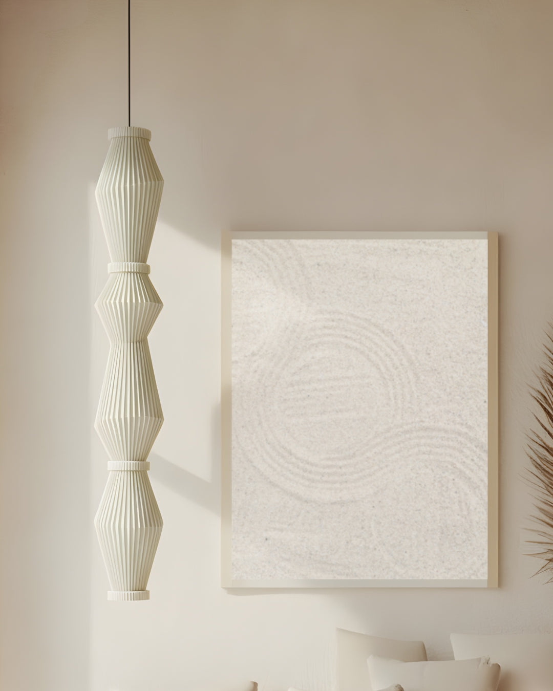 Beige vertical pendant lamp with subtle textured detailing