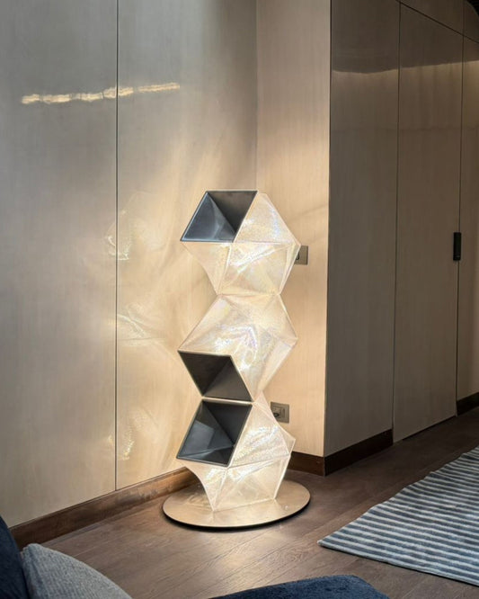Modern floor lamp with geometric design in a room setting